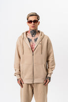 Erkek Respire Yazı Detaylı Kapüşonlu Basic Zip Oversize Hoodie Bej