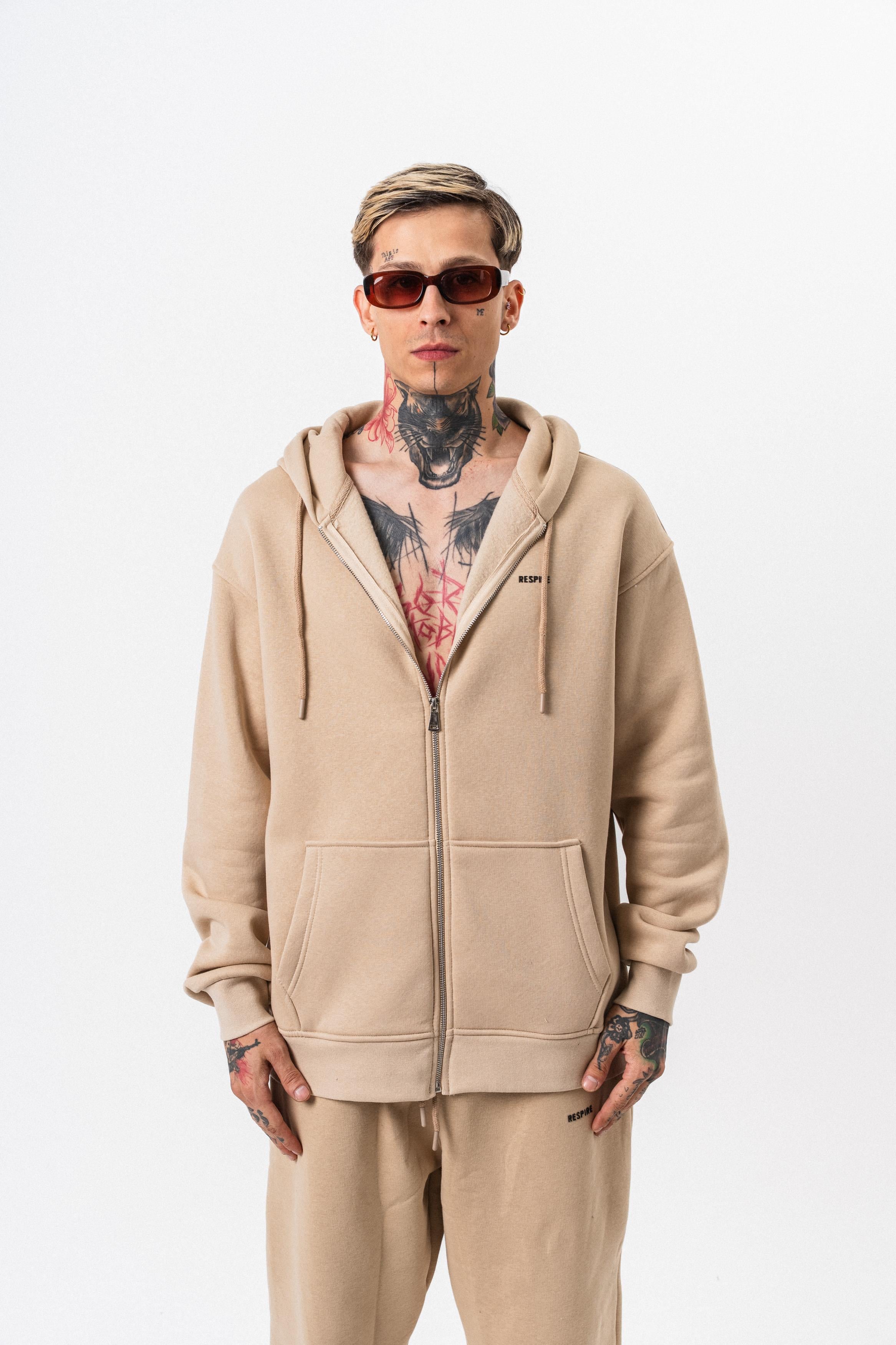 Erkek Respire Yazı Detaylı Kapüşonlu Basic Zip Oversize Hoodie Bej