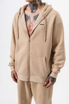 Erkek Respire Yazı Detaylı Kapüşonlu Basic Zip Oversize Hoodie Bej