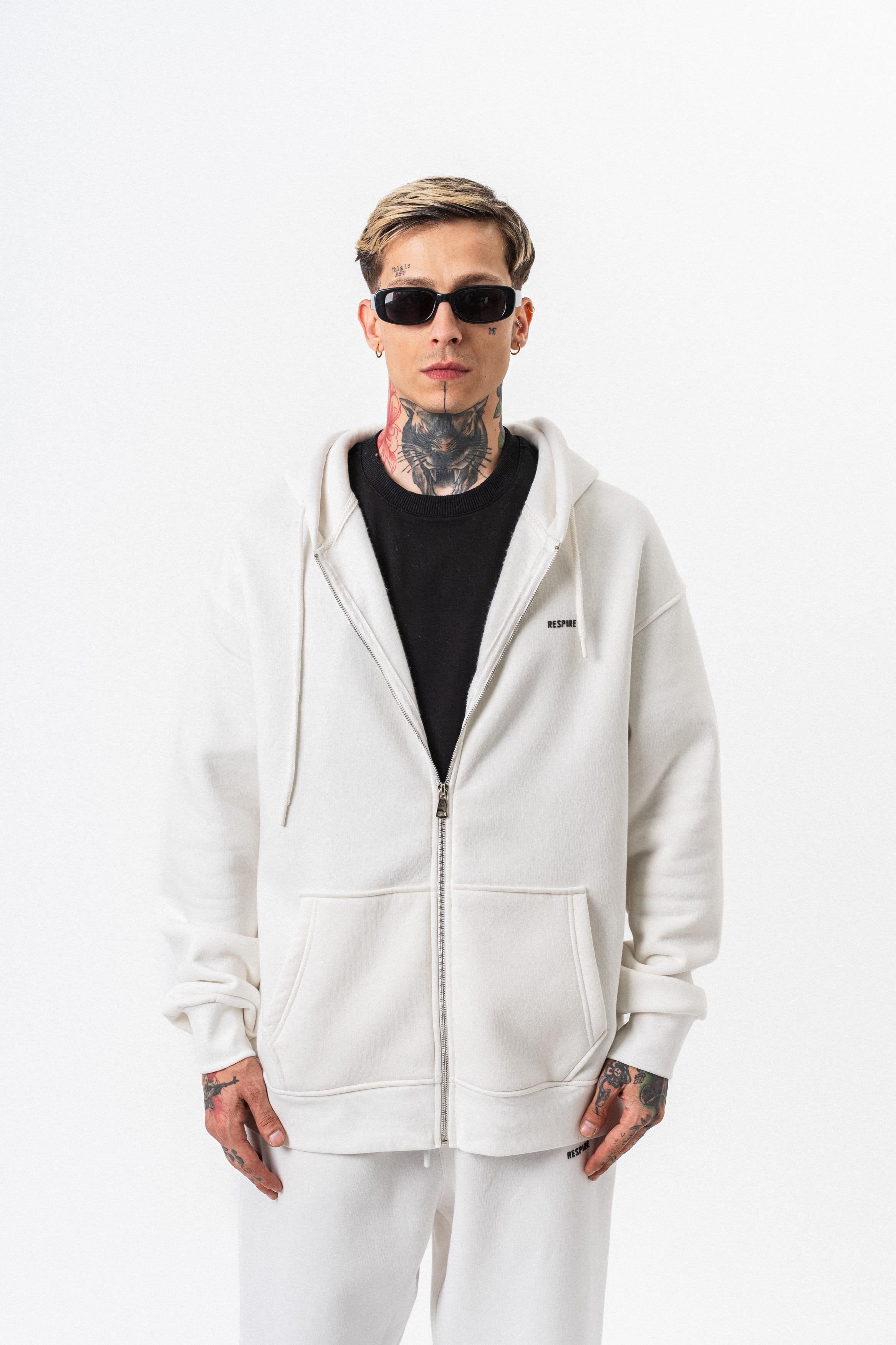 Erkek Respire Yazı Detaylı Kapüşonlu Basic Zip Oversize Hoodie Ekru