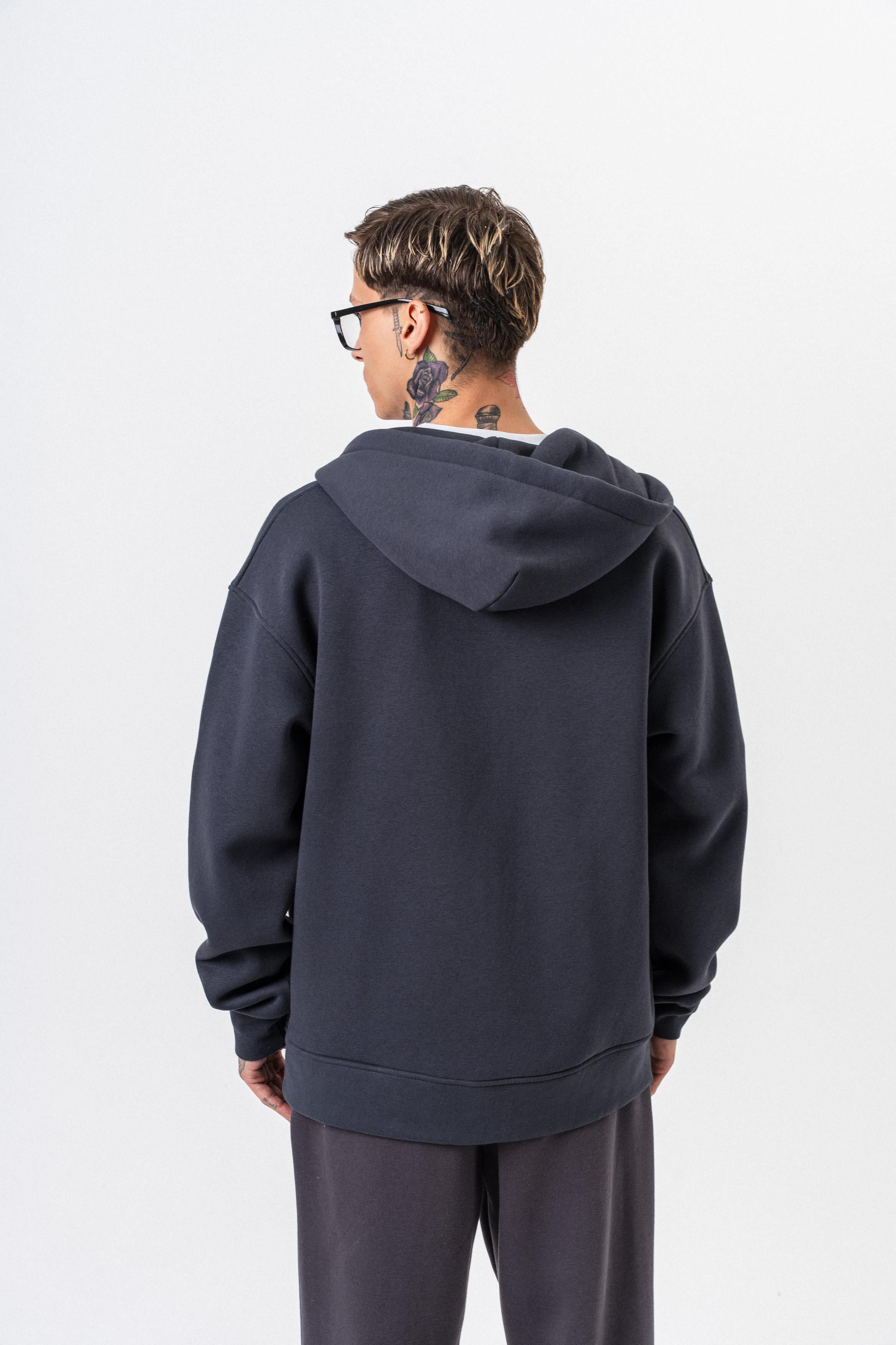 Erkek Respire Yazı Detaylı Kapüşonlu Basic Zip Oversize Hoodie Füme