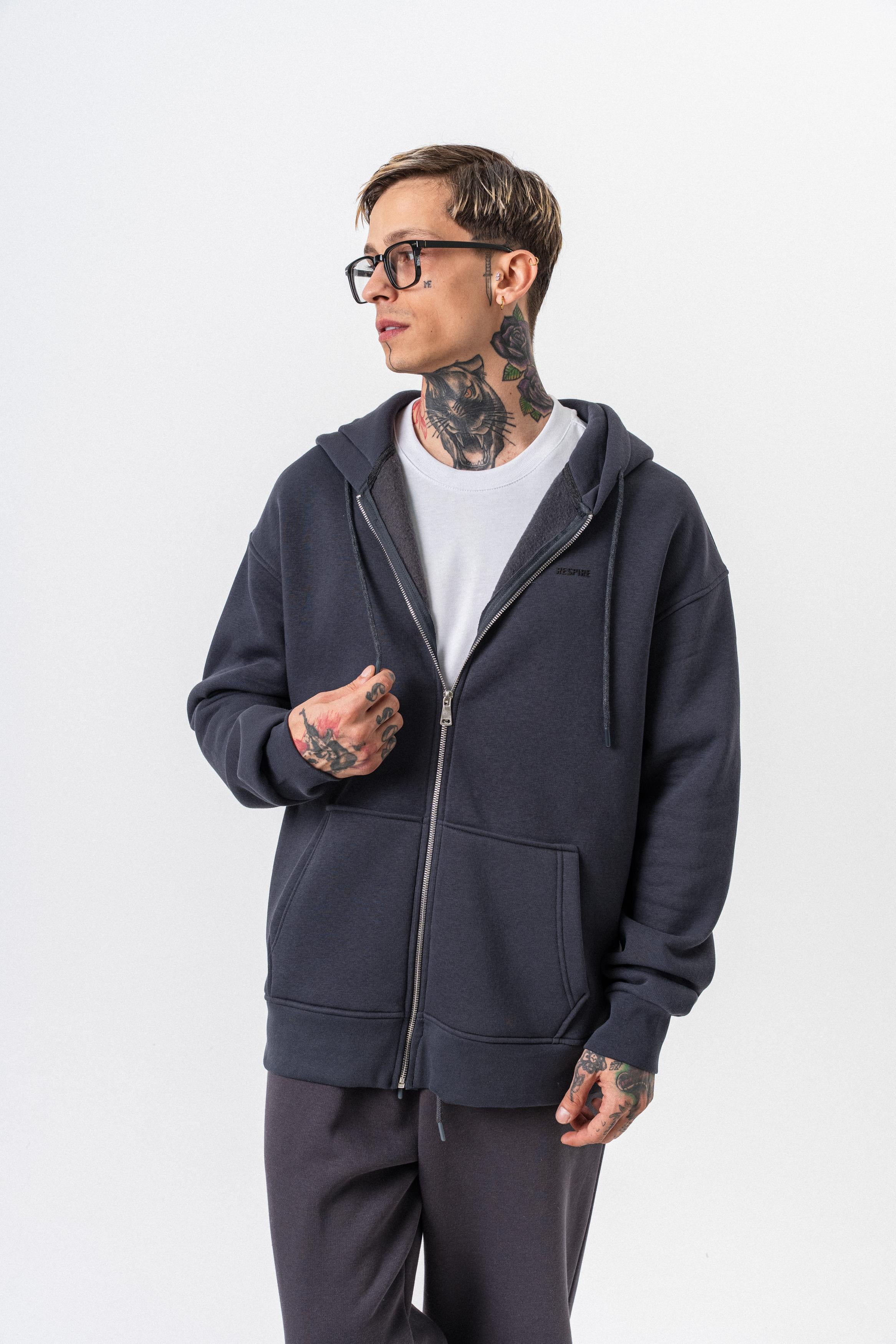 Erkek Respire Yazı Detaylı Kapüşonlu Basic Zip Oversize Hoodie Füme