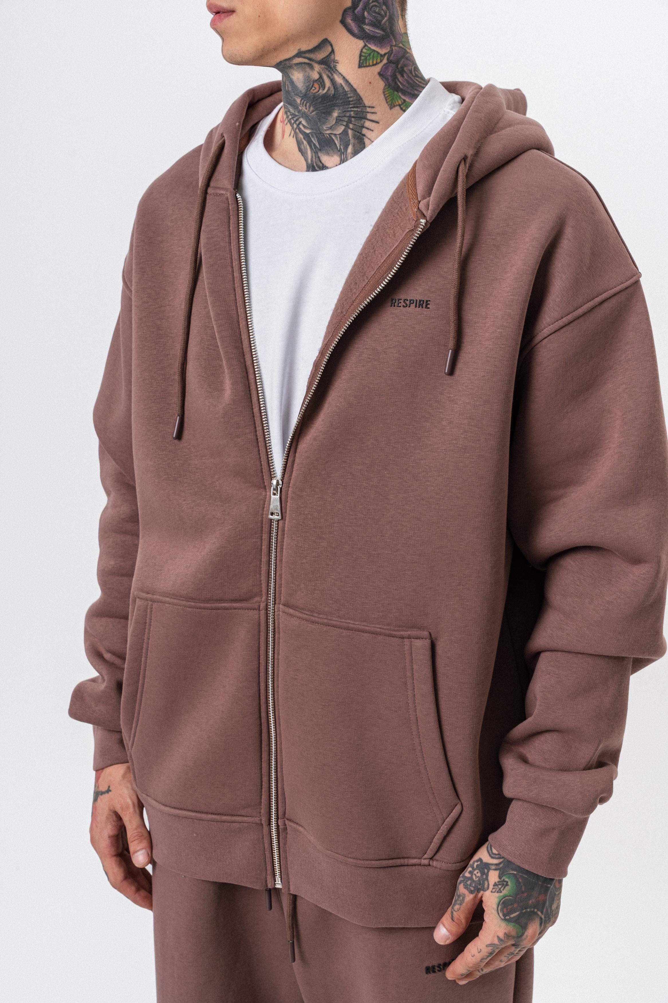 Erkek Respire Yazı Detaylı Kapüşonlu Basic Zip Oversize Hoodie Kakao