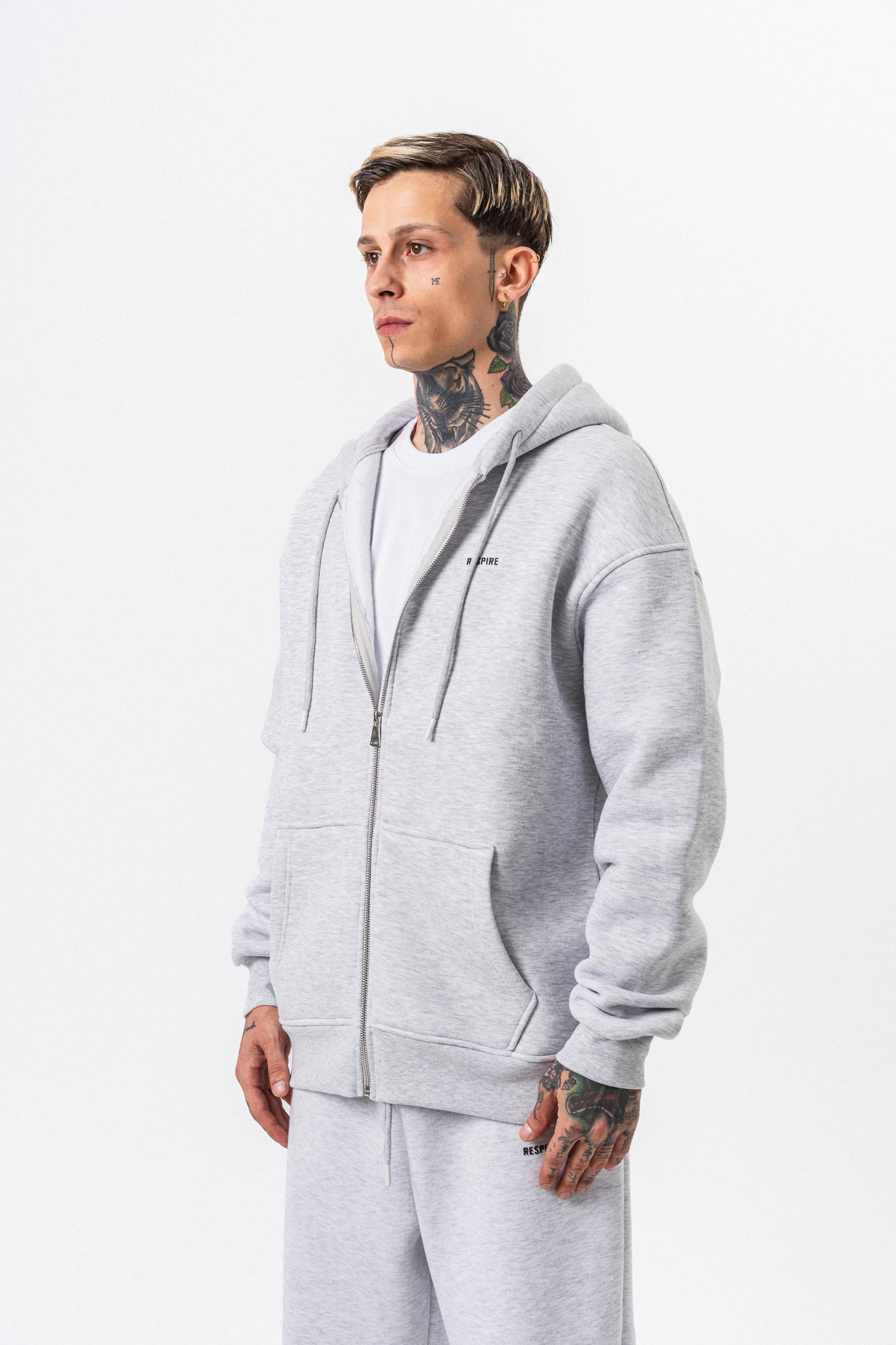 Erkek Respire Yazı Detaylı Kapüşonlu Basic Zip Oversize Hoodie Kar Melanj