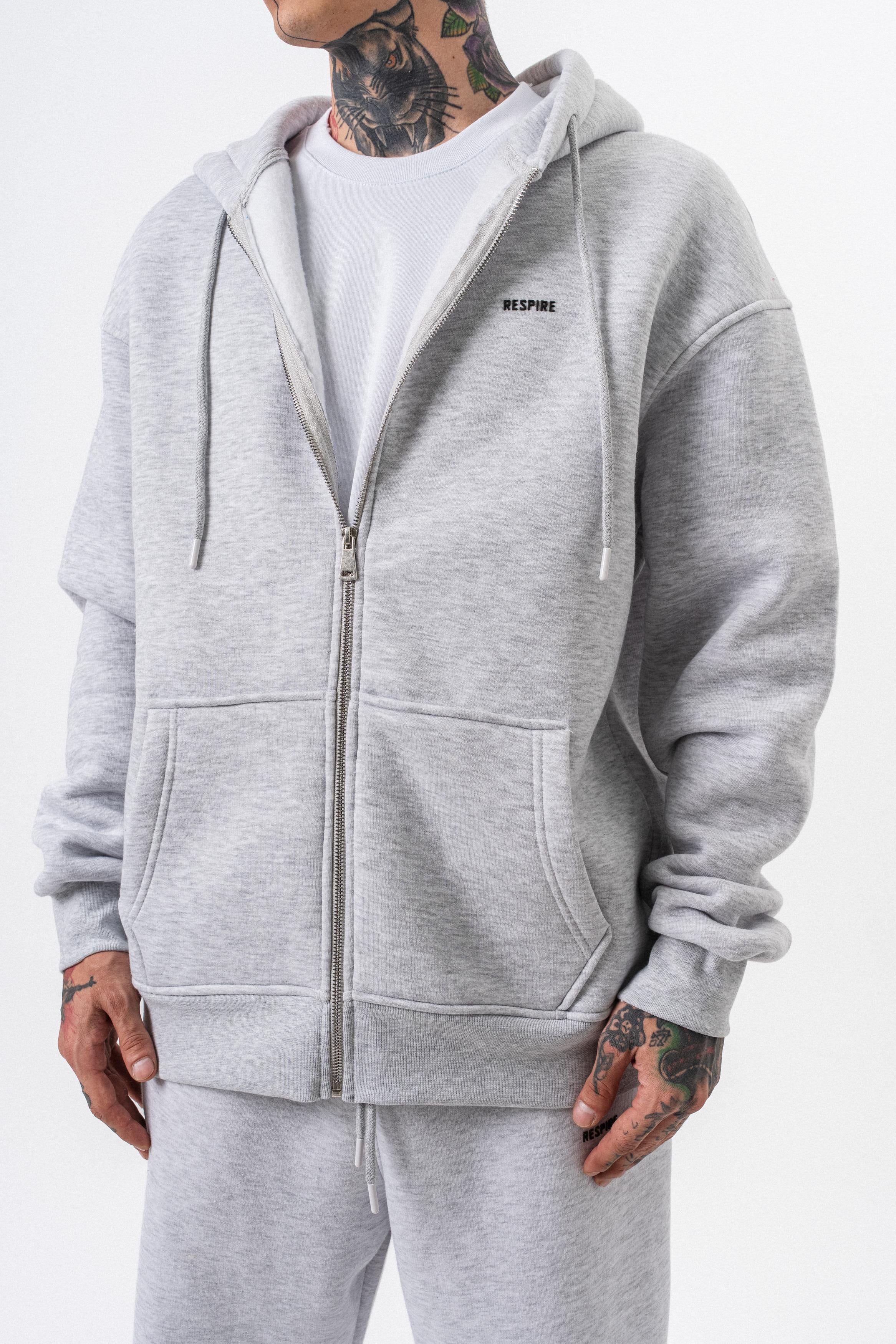 Erkek Respire Yazı Detaylı Kapüşonlu Basic Zip Oversize Hoodie Kar Melanj