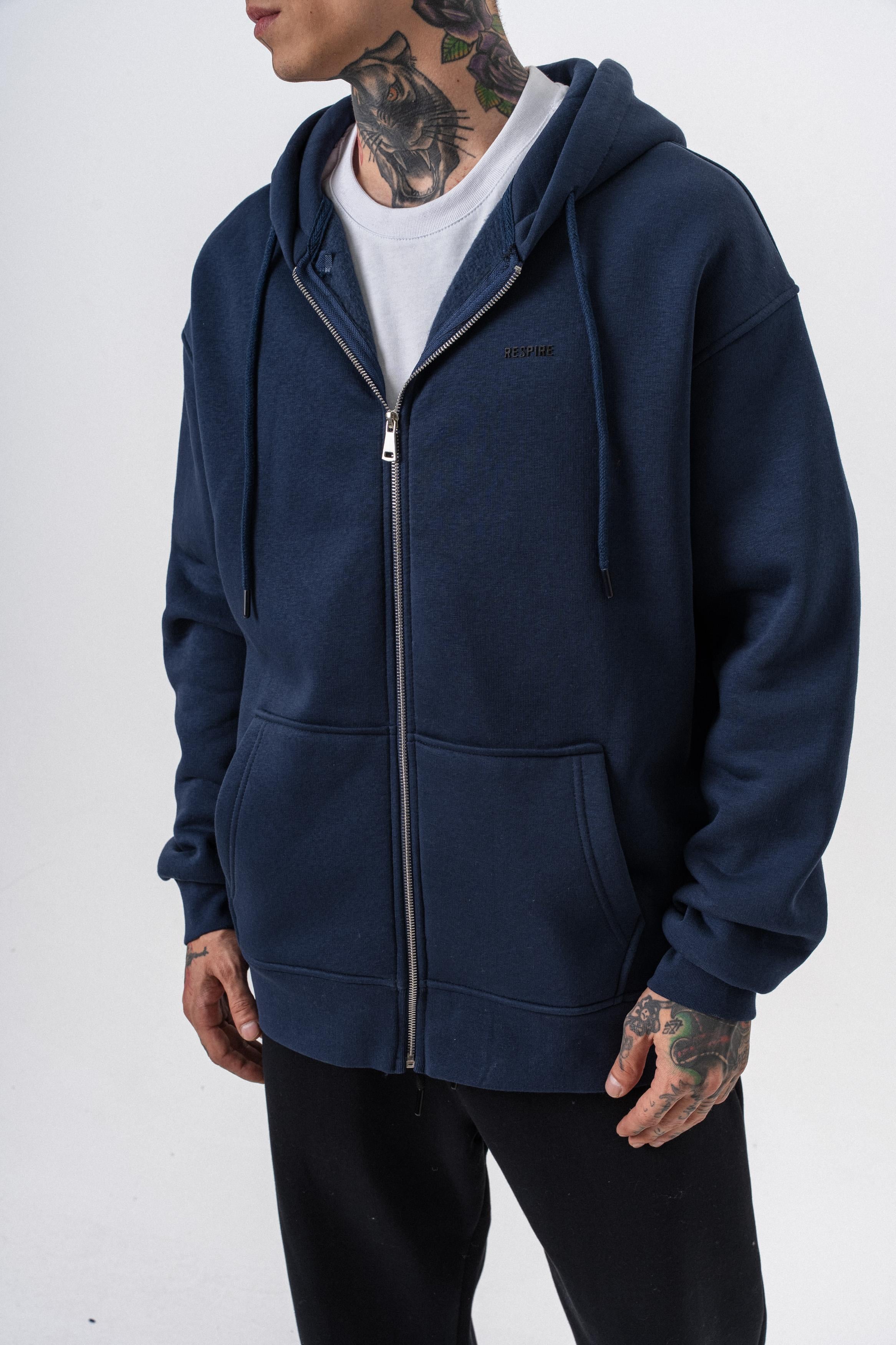 Erkek Respire Yazı Detaylı Kapüşonlu Basic Zip Oversize Hoodie Lacivert