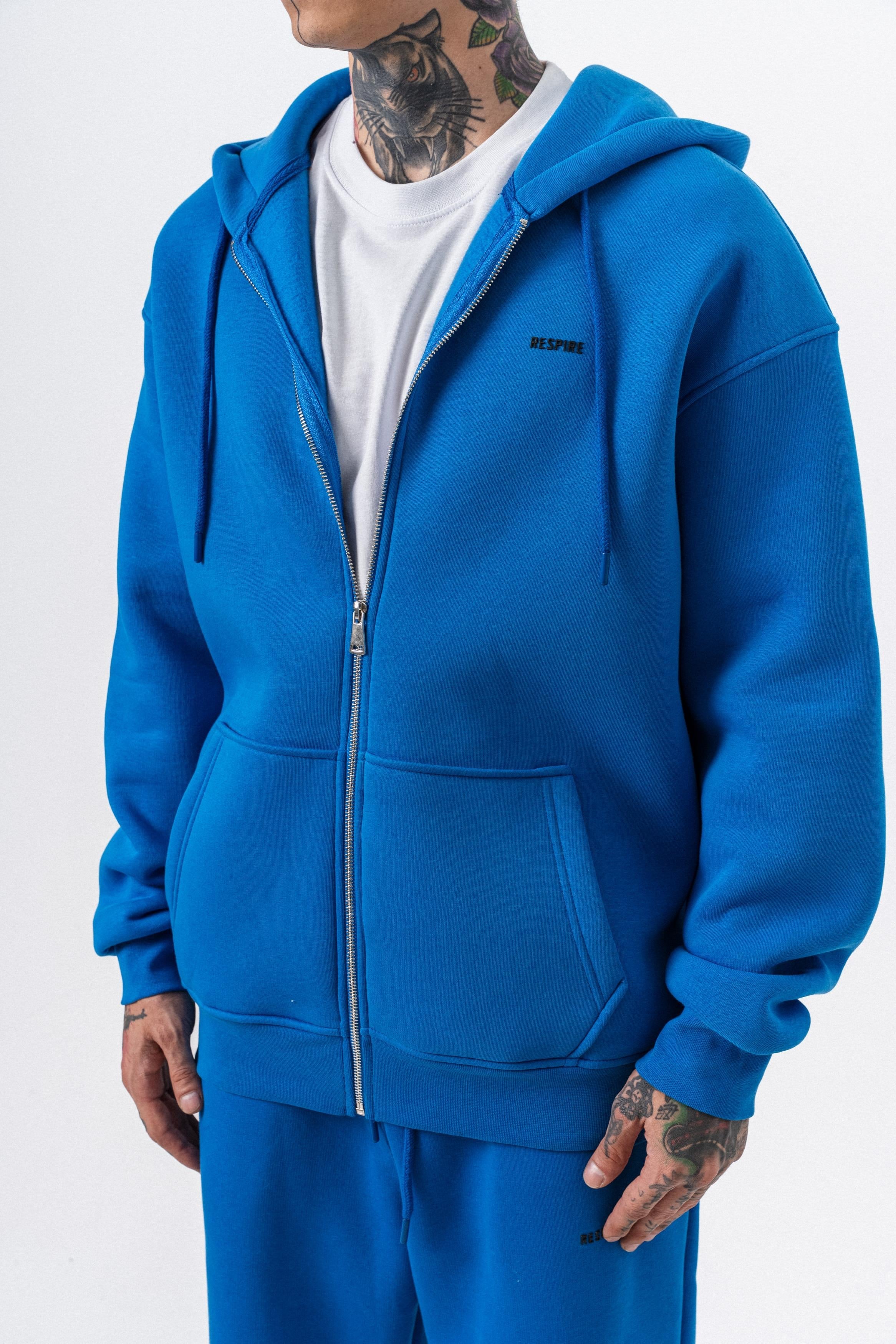 Erkek Respire Yazı Detaylı Kapüşonlu Basic Zip Oversize Hoodie Mavi