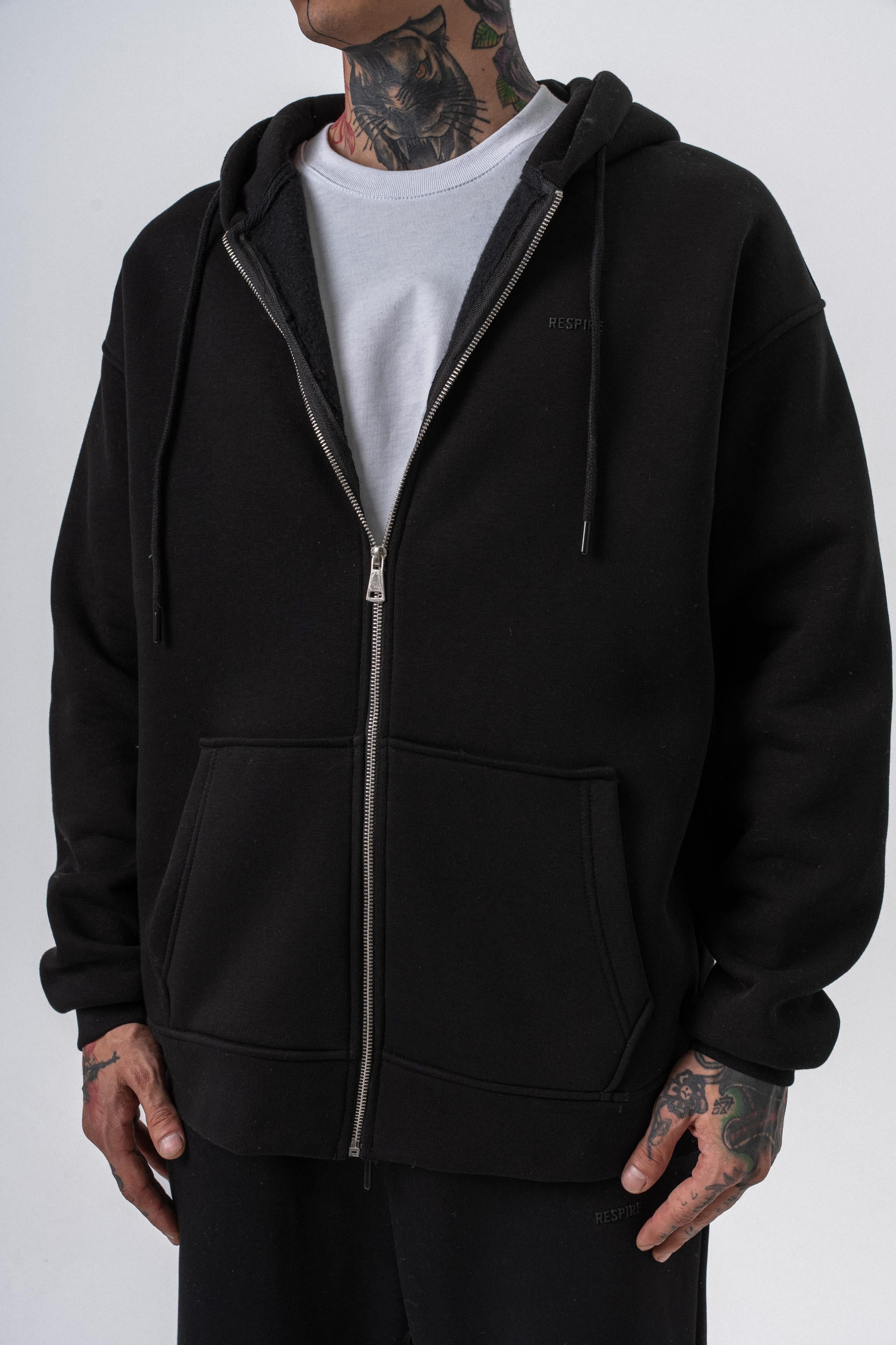Erkek Respire Yazı Detaylı Kapüşonlu Basic Zip Oversize Hoodie Siyah