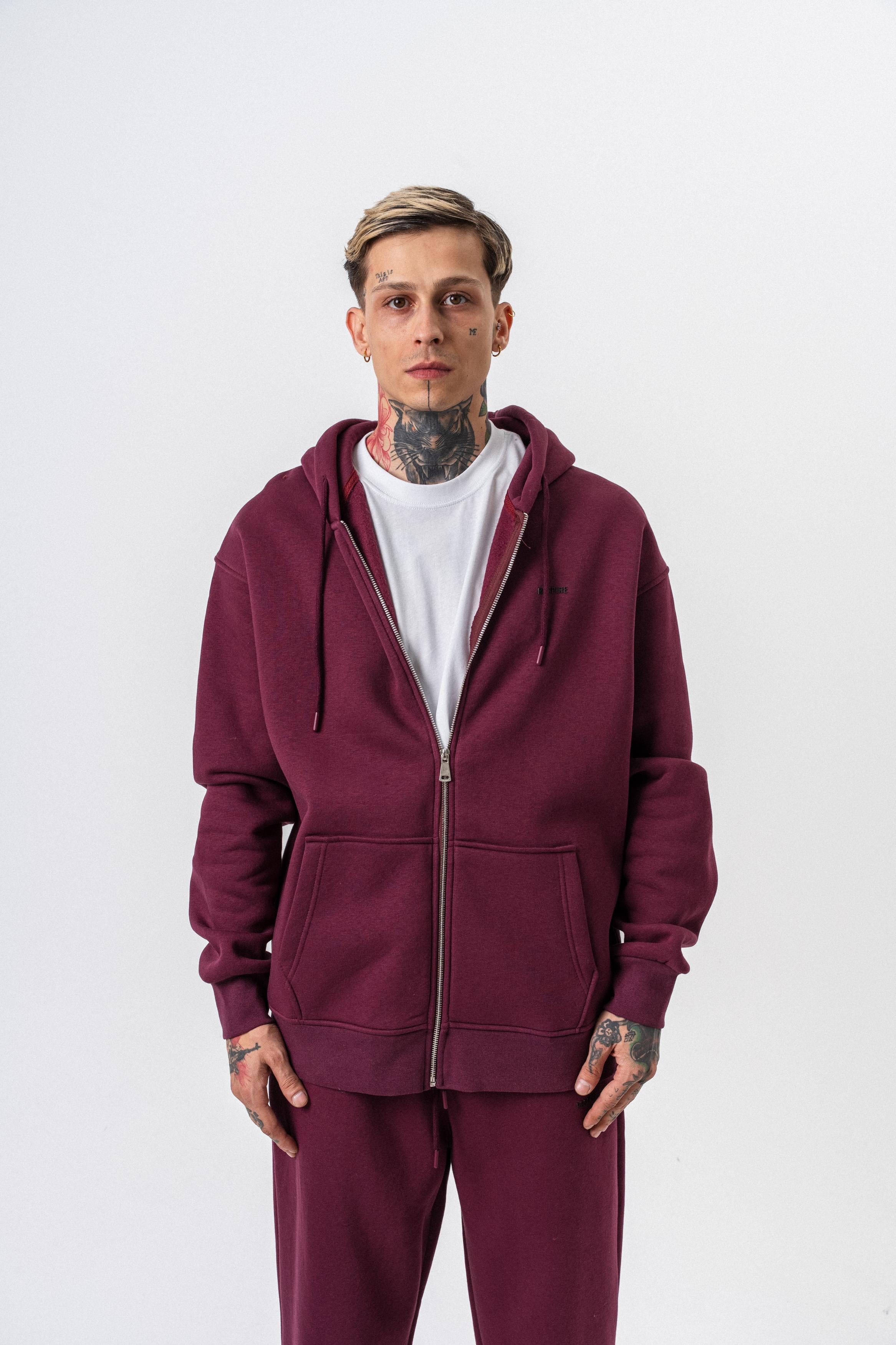 Erkek Respire Yazı Detaylı Kapüşonlu Basic Zip Oversize Hoodie Vişne