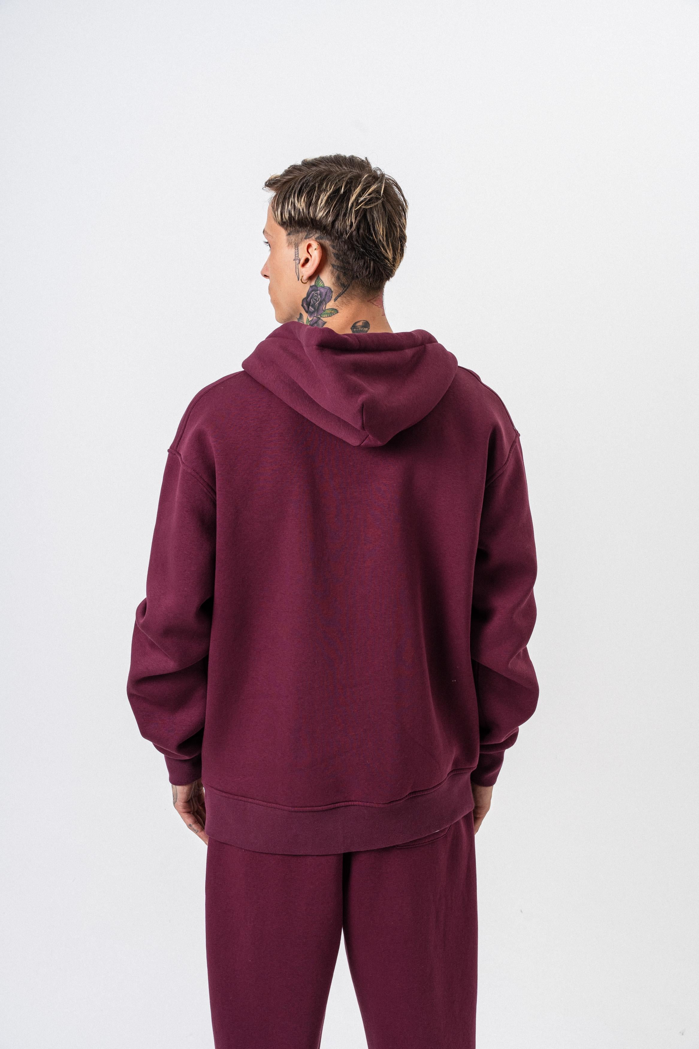 Erkek Respire Yazı Detaylı Kapüşonlu Basic Zip Oversize Hoodie Vişne