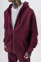 Erkek Respire Yazı Detaylı Kapüşonlu Basic Zip Oversize Hoodie Vişne