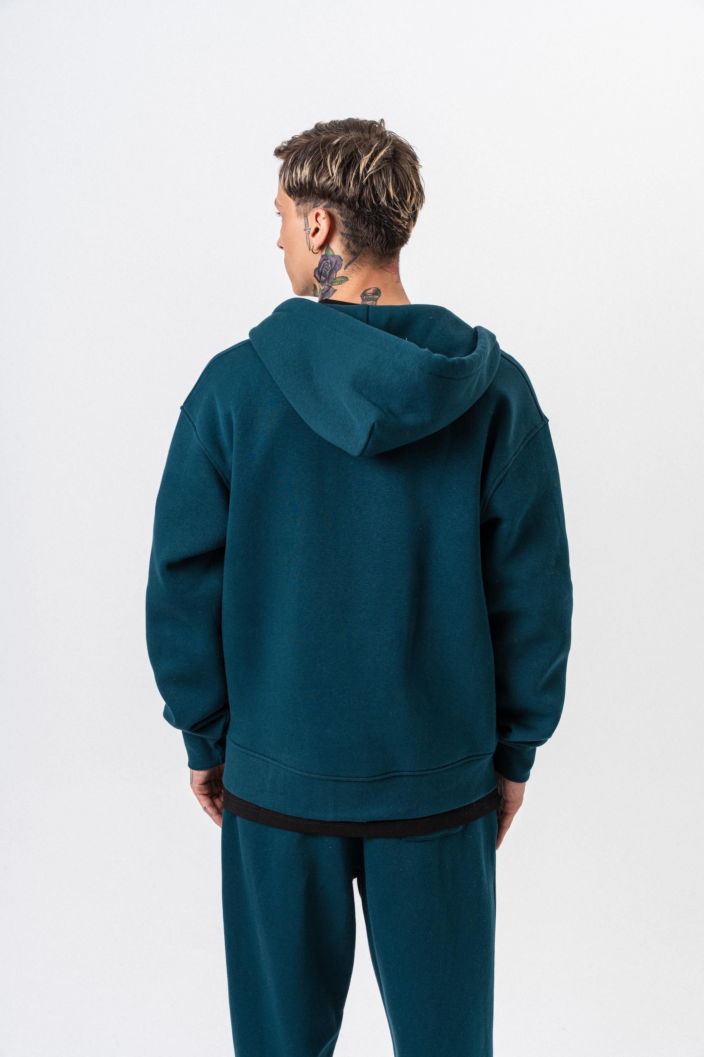 Erkek Respire Yazı Detaylı Kapüşonlu Basic Zip Oversize Hoodie Zümrüt