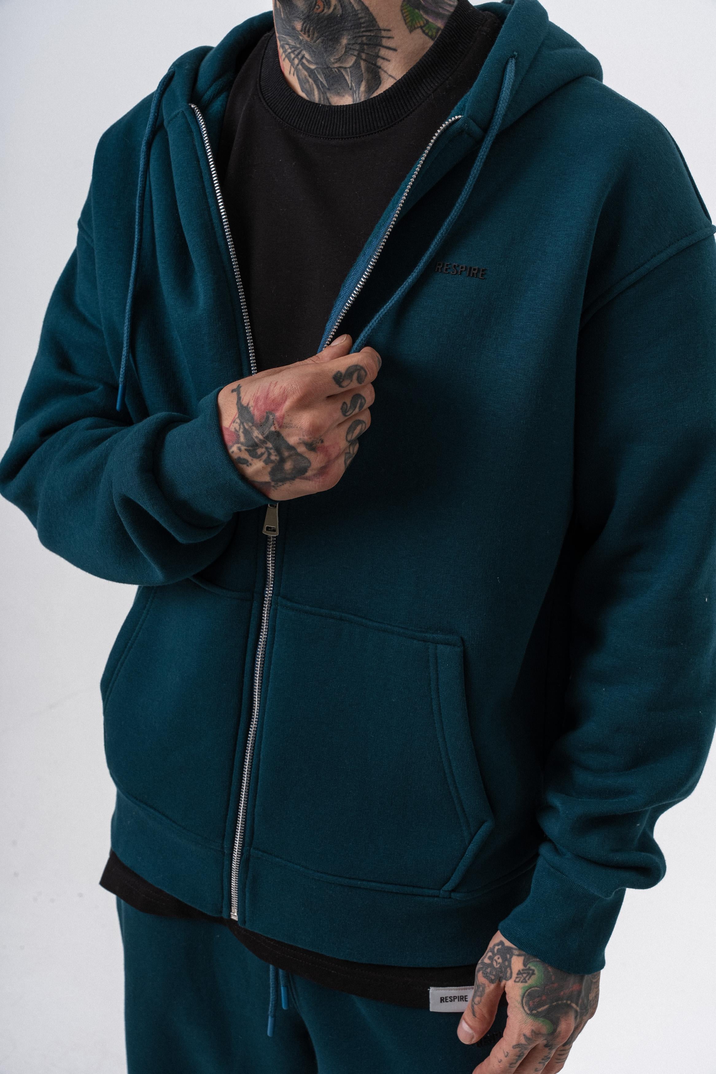 Erkek Respire Yazı Detaylı Kapüşonlu Basic Zip Oversize Hoodie Zümrüt
