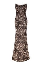 Roccie-Leila Brown Draped Lace Maxi Dress-ELBİSE-1-Milagron.com