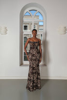 Roccie-Leila Brown Draped Lace Maxi Dress-ELBİSE-3-Milagron.com