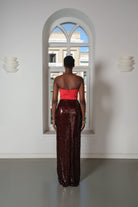 Roccie-Sadie Strapless Long Dress With Draped Satin And Sequin Mix-Elbise-4-Milagron.com