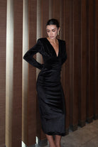 Roselenda Classy Bordo Kadife Dik Yaka Vatkalı Midi Elbise - 12