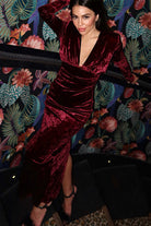 Roselenda Classy Bordo Kadife Dik Yaka Vatkalı Midi Elbise - 0