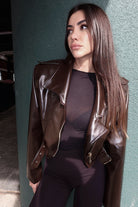 Kadın Acı Kahve Kalın Vatkalı Belden Kemerli Suni Deri Kısa Ceket Der01 - 5
