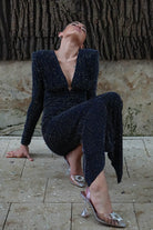 Kadın Lacivert Taşlı Dik Yaka Vatkalı Midi Elbise Abiye - 0