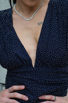 Kadın Lacivert Taşlı Dik Yaka Vatkalı Midi Elbise Abiye - 1