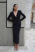 Kadın Lacivert Taşlı Dik Yaka Vatkalı Midi Elbise Abiye - 2