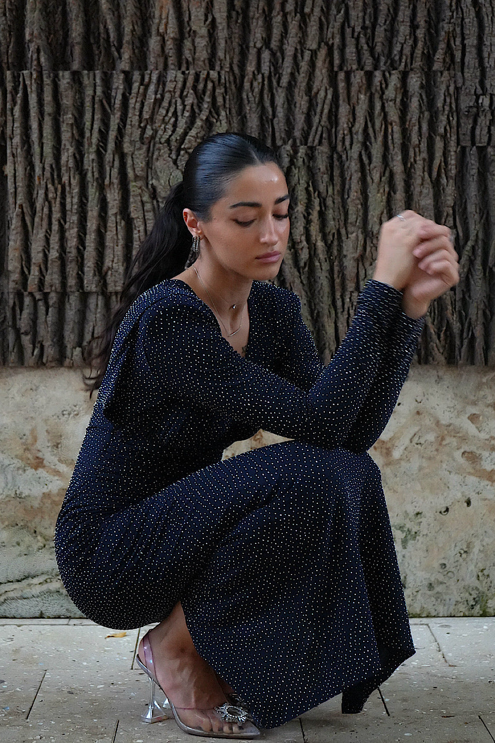 Kadın Lacivert Taşlı Dik Yaka Vatkalı Midi Elbise Abiye - 3