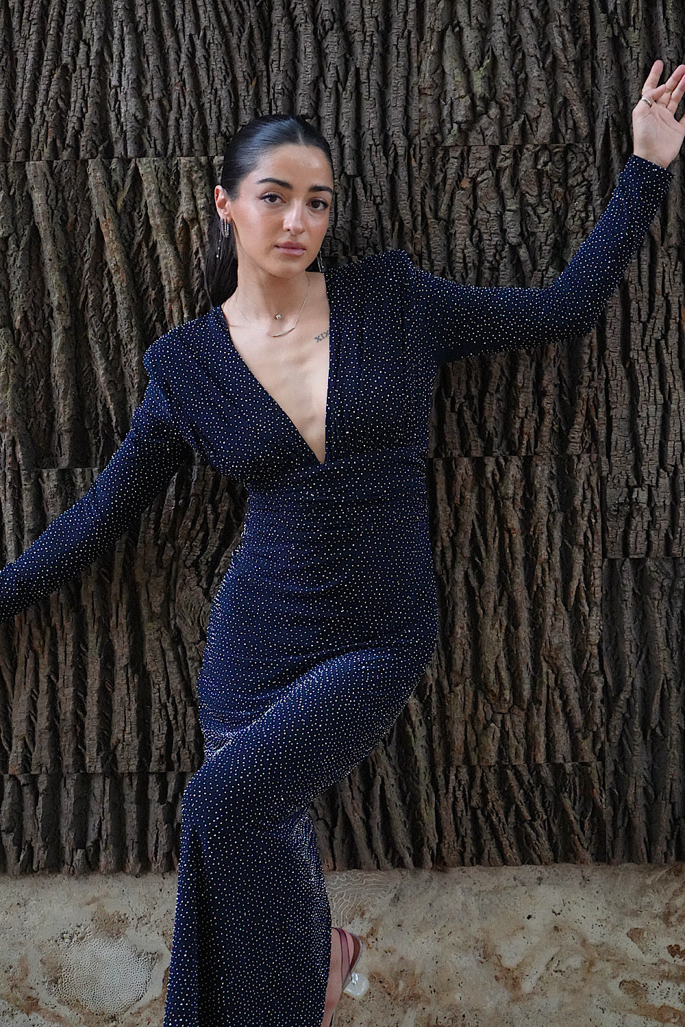 Kadın Lacivert Taşlı Dik Yaka Vatkalı Midi Elbise Abiye - 4