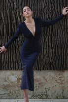 Kadın Lacivert Taşlı Dik Yaka Vatkalı Midi Elbise Abiye - 5