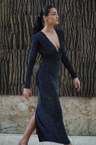 Kadın Lacivert Taşlı Dik Yaka Vatkalı Midi Elbise Abiye - 6