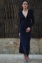 Kadın Lacivert Taşlı Dik Yaka Vatkalı Midi Elbise Abiye - 7