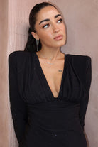 Kadın Siyah Taşlı Dik Yaka Vatkalı Midi Elbise - 4