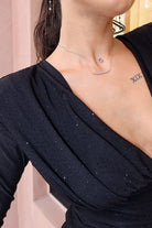 Kadın Siyah Taşlı Dik Yaka Vatkalı Midi Elbise - 7