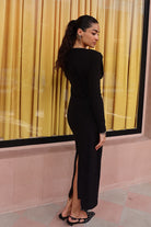 Kadın Siyah Taşlı Dik Yaka Vatkalı Midi Elbise - 8