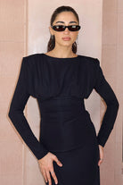 Kadın Siyah Uzun Kollu Midi Elbise - 1