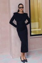 Kadın Siyah Uzun Kollu Midi Elbise - 2