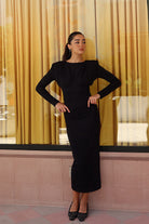 Kadın Siyah Uzun Kollu Midi Elbise - 7