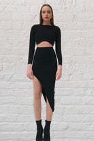 Kadın Siyah Yırtmaçlı Midi Etek Ve Crop Alt Üst Takım - 0