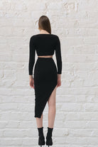 Kadın Siyah Yırtmaçlı Midi Etek Ve Crop Alt Üst Takım - 1