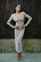 Kadın Taşlı Dik Yaka Krem Midi Vatkalı Elbise Abiye - 0