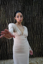 Kadın Taşlı Dik Yaka Krem Midi Vatkalı Elbise Abiye - 1