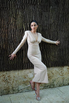 Kadın Taşlı Dik Yaka Krem Midi Vatkalı Elbise Abiye - 3