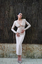 Kadın Taşlı Dik Yaka Krem Midi Vatkalı Elbise Abiye - 4