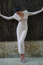 Kadın Taşlı Dik Yaka Krem Midi Vatkalı Elbise Abiye - 6