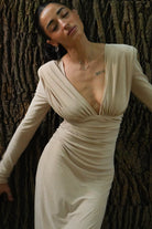 Kadın Taşlı Dik Yaka Krem Midi Vatkalı Elbise Abiye - 7