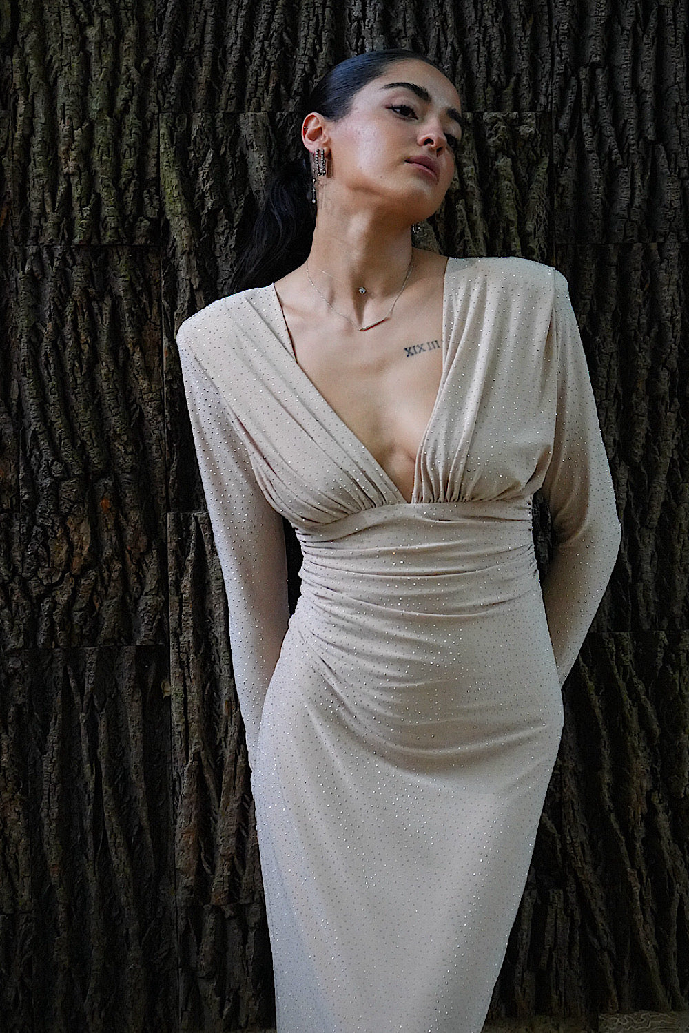 Kadın Taşlı Dik Yaka Krem Midi Vatkalı Elbise Abiye - 8