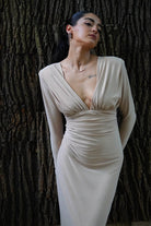 Kadın Taşlı Dik Yaka Krem Midi Vatkalı Elbise Abiye - 8