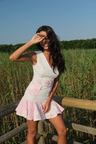 Roselenda-Pembe Volanlı Beyaz Midi Elbise-Elbise-1-Milagron.com