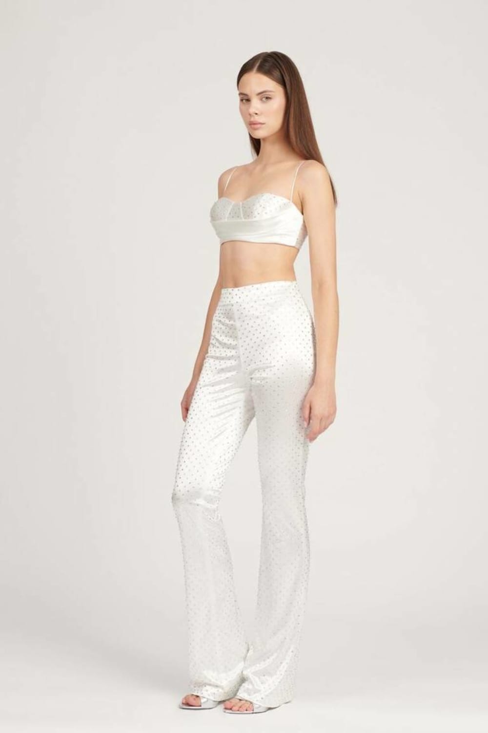 Saléa-Shiny High Waist Trousers With Flared Stone Details-Kumaş Pantolon-1-Milagron.com