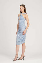 Saléa-Spring Blue Drapped Midi Dress-Elbise-2-Milagron.com